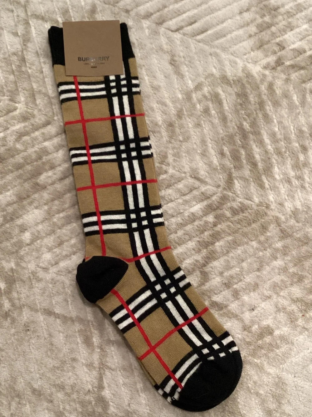 Kids Burberry Tan, Black & Red Iconic Check Knee Socks